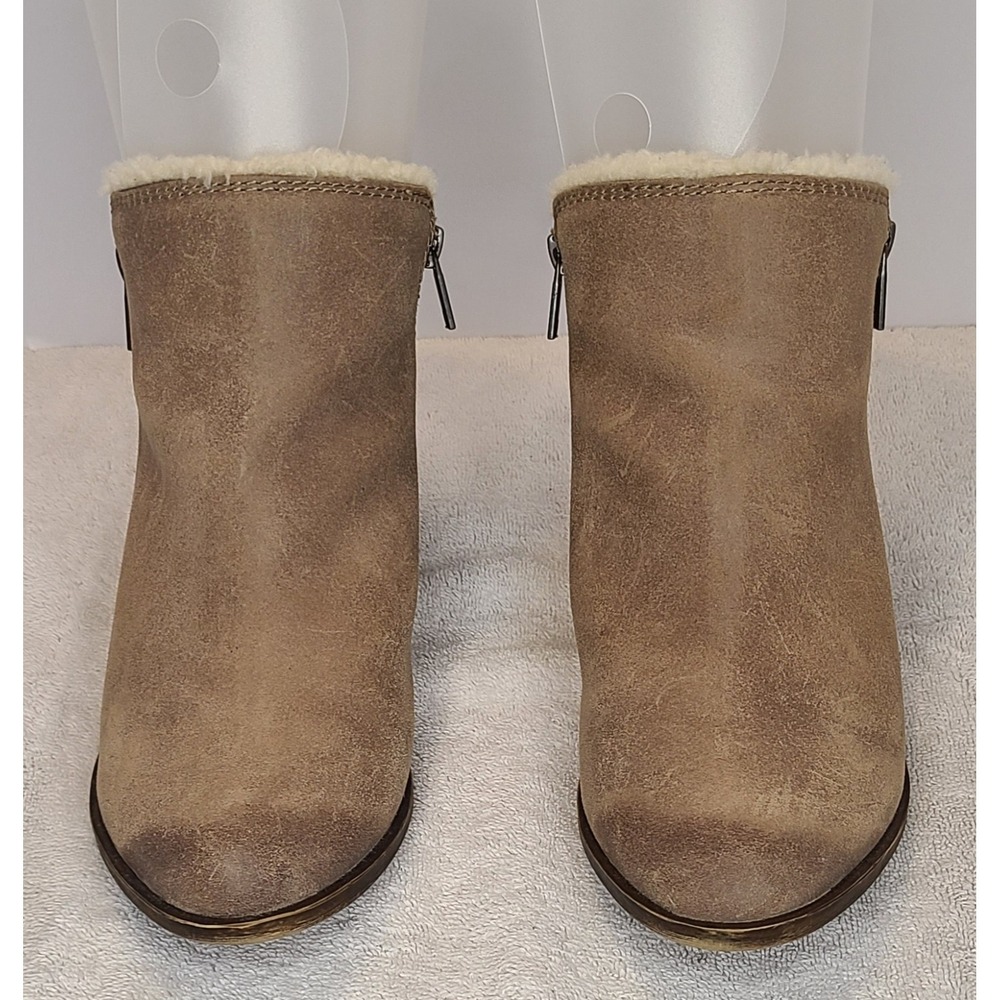 Lucky Brand Ankle Boots Women's 9.5 Brown Leather Shearling Trim Zip-Up Shoes - Picture 3 of 9